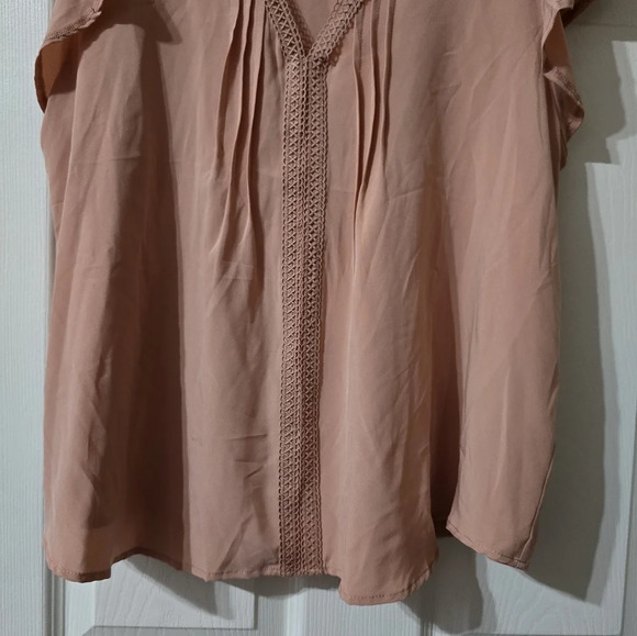 Favlux Blush Pink Flutter Sleeve Blouse, V-Neck, Crochet Trim, Pintuck Details. - Picture 9 of 12